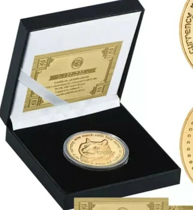 Gold Dogecoin in Gift Box Collector Cryptocurrency Coin Token Investment Stock