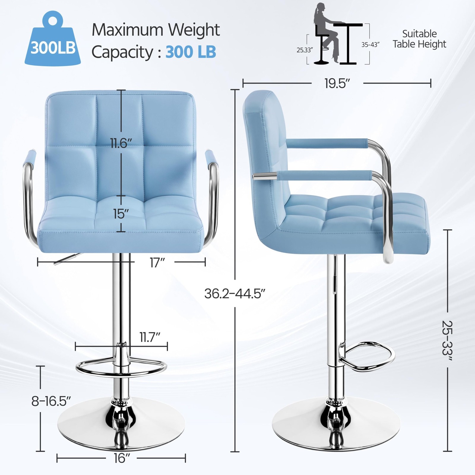 Bar Stools 2Pcs, Swivel Adjustable PU Leather Barstools, Kitchen Counter Chairs