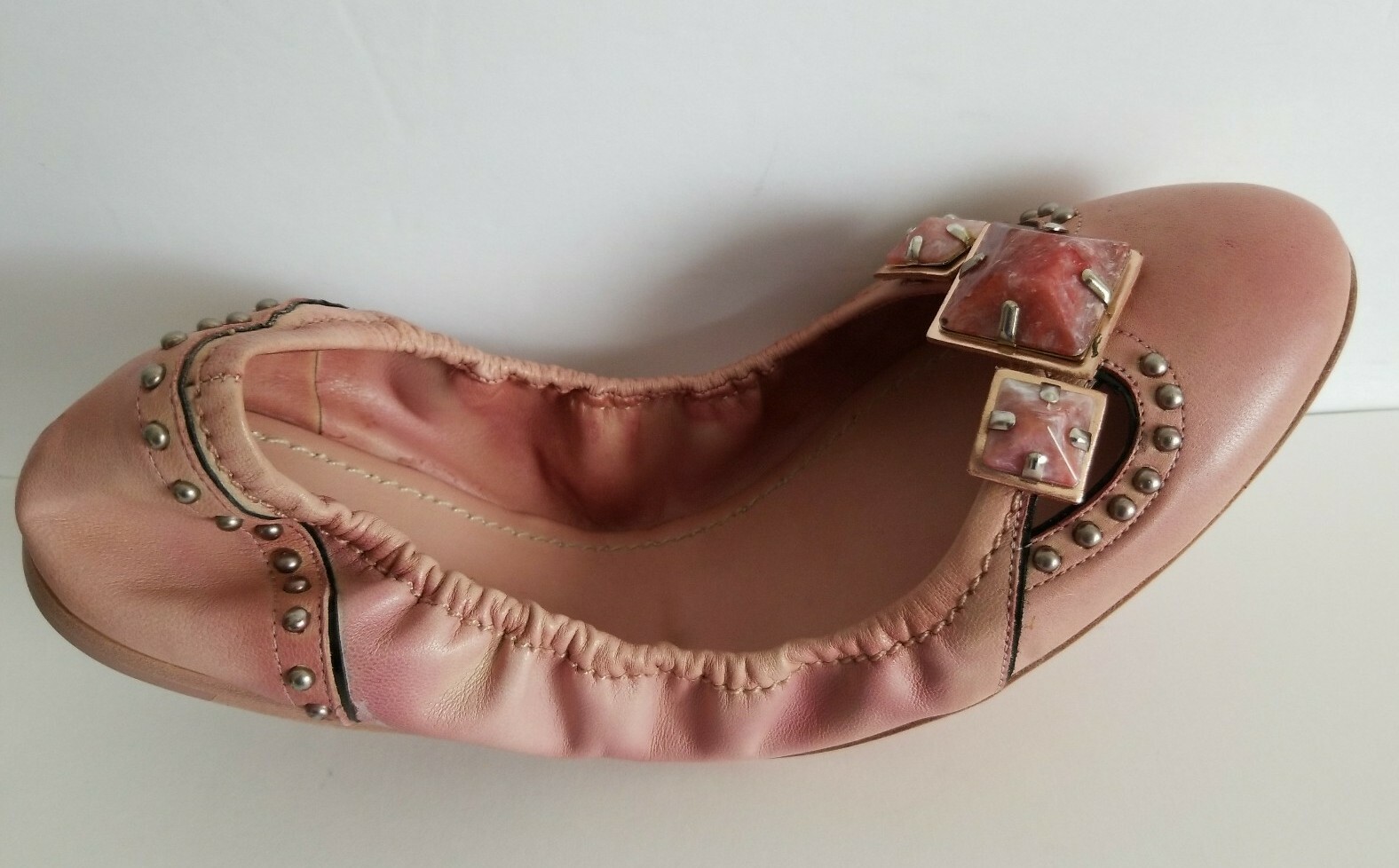 MIU MIU AMAZING WASHED PINK LEATHER EMBELLISHED FLATS EU 38.5 40 I LOVE SHOES