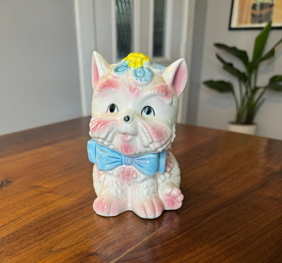 Vintage MCM Ceramic Dog Planter 1253 Japan 1950s White w/ Pastel Colors