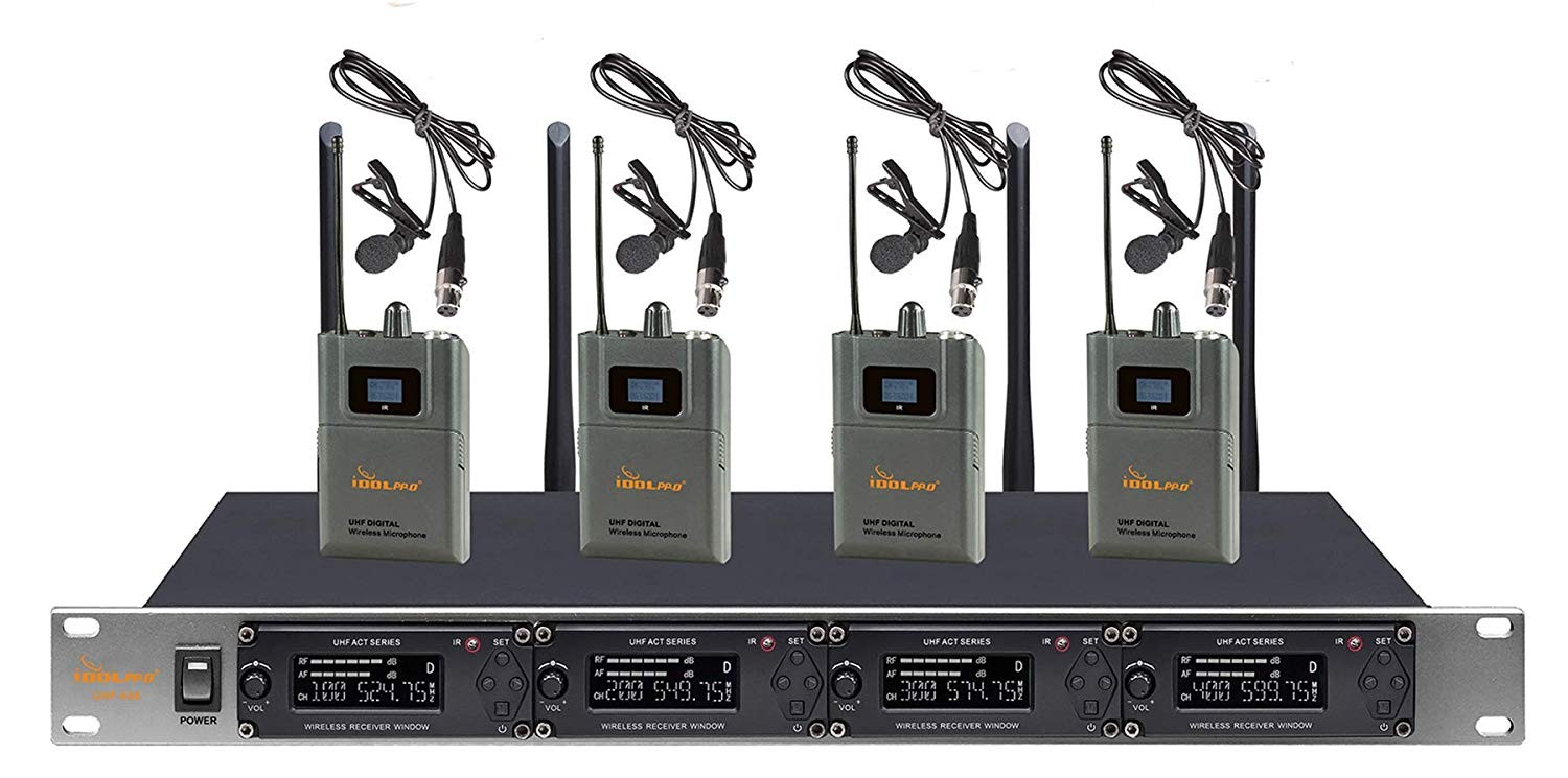 IDOLpro UHF-668L 4 Channel Karaoke Wireless Lavalier Microphones w/ Digital Pilo