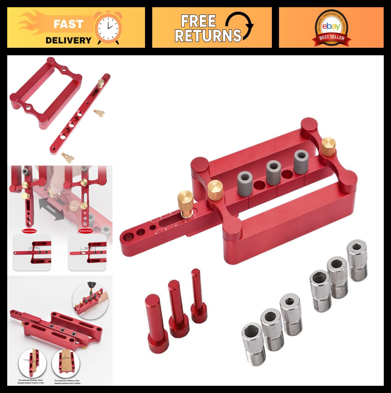 Self-Centering Doweling Jig Kit - Woodworking Joinery Drill Guide Tool, 6/8/10mm