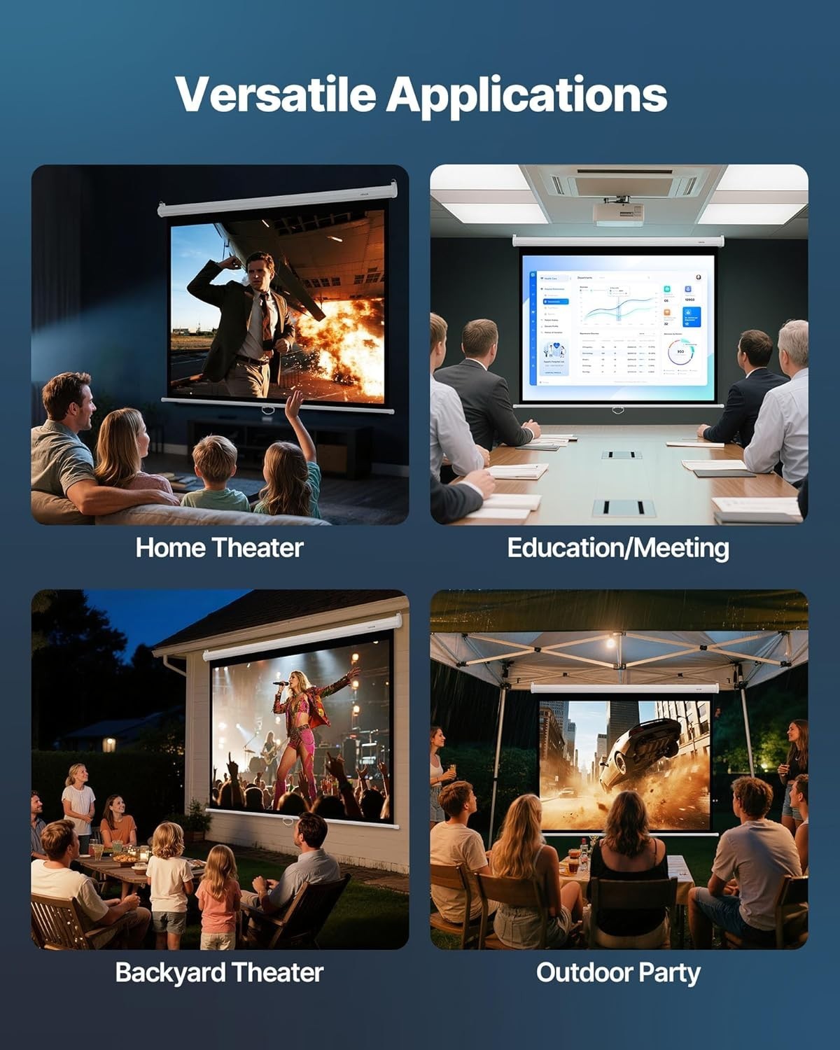 Manual 72 Inch Projector Screen 4K HD Wall Mount Retractable with Pull Rope