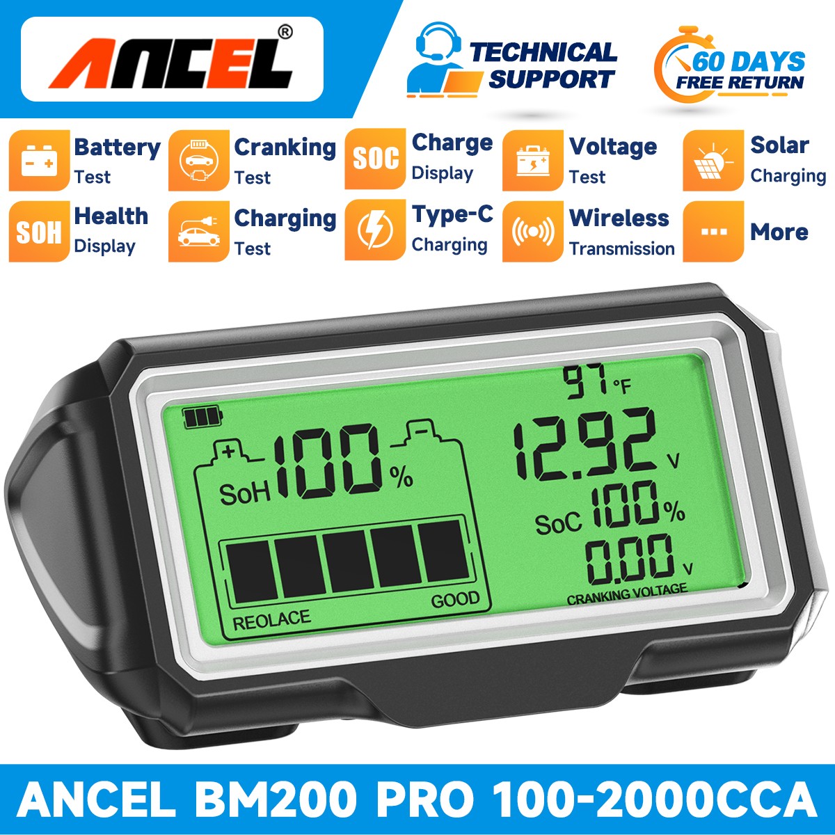 ANCEL BM200 PRO 12V Battery Tester Health Analyzer Tool Charging Start System