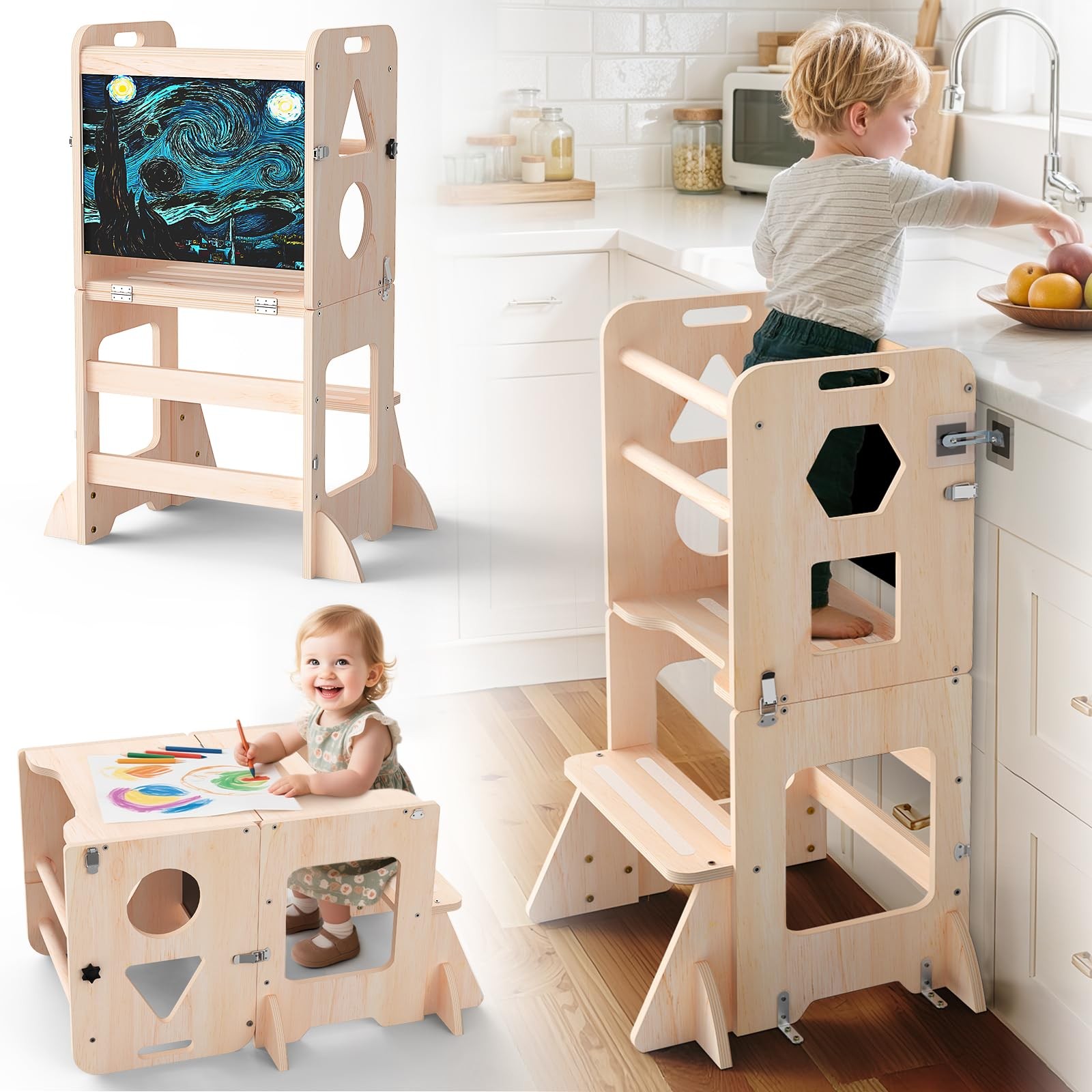 Toddler Standing Tower with Anti-Fall Buckle, 4-in-1 Anti-Slip Toddler Kitche...