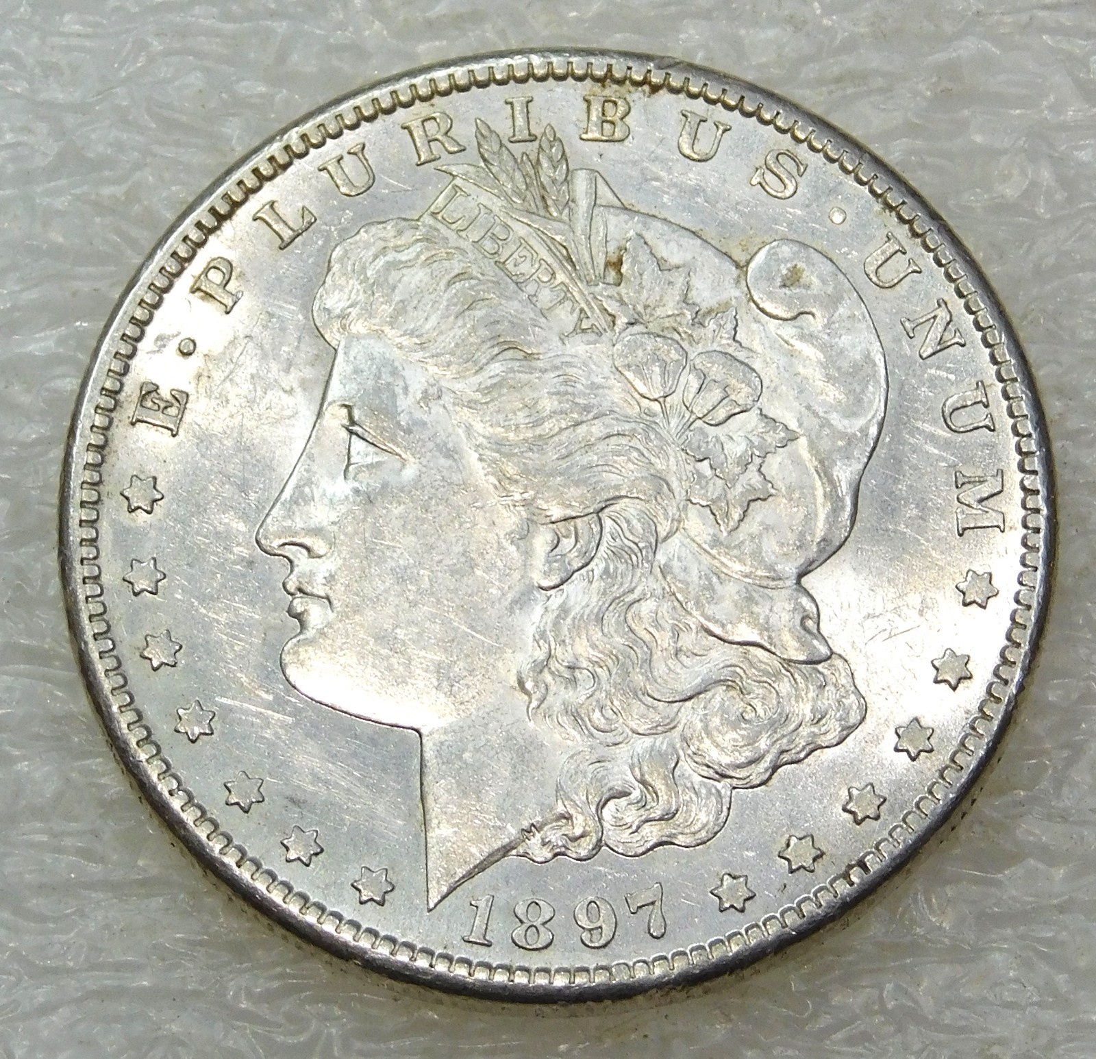 1897 S Morgan Silver Dollar AU/BU Frosty White Luster coin in saflip #T306