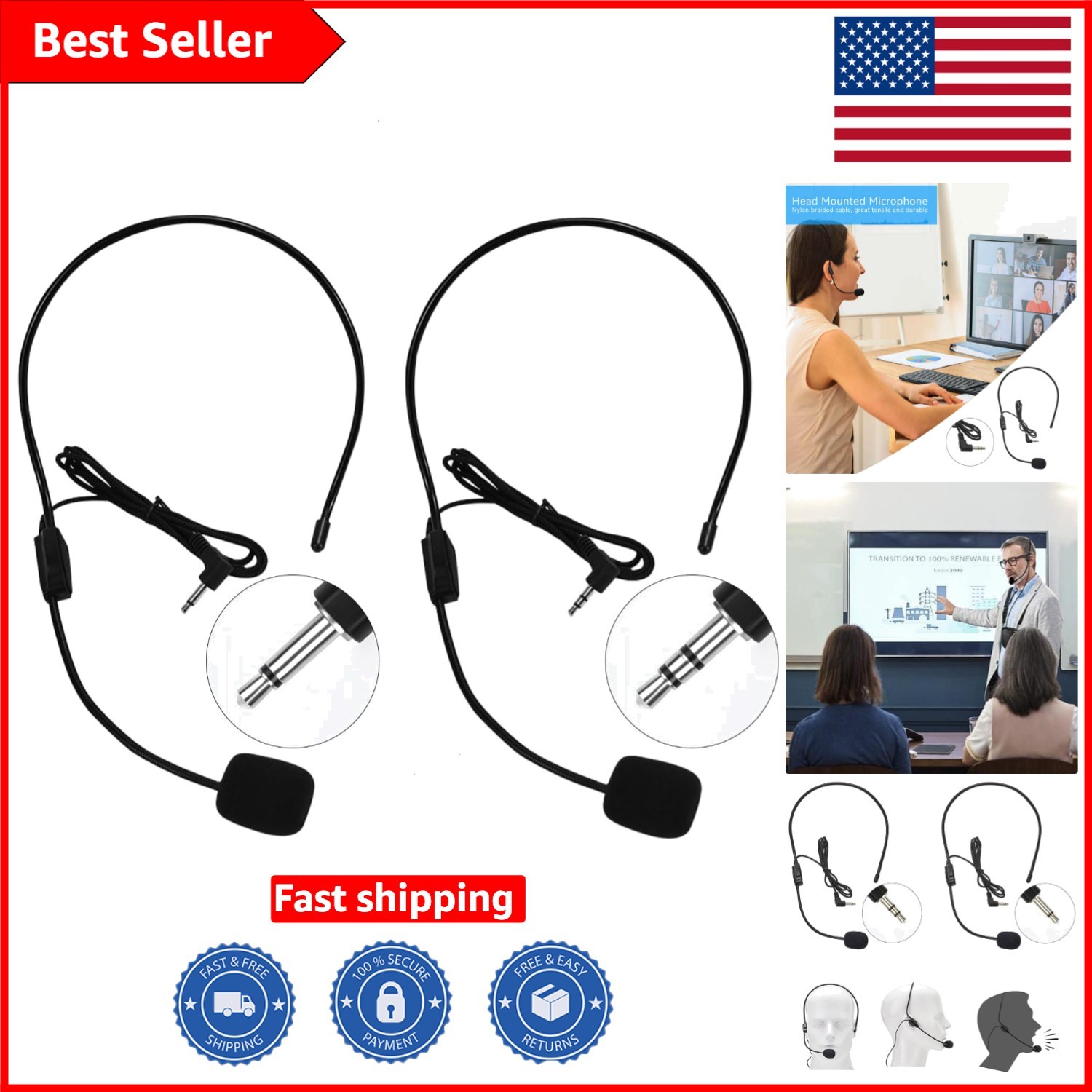 Comfortable and Adjustable Headset Microphones for Singers & Presenters - 2 Pack