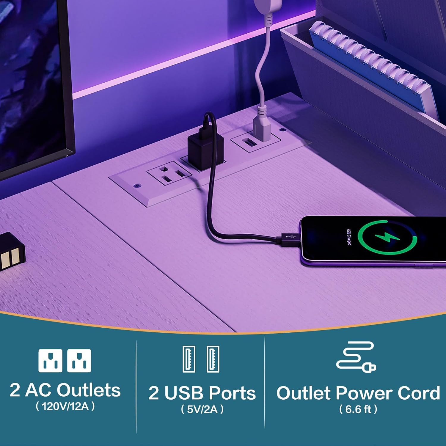 Compact 33.7" Computer Desk with Power Outlets, LED Lights & Storage Hooks