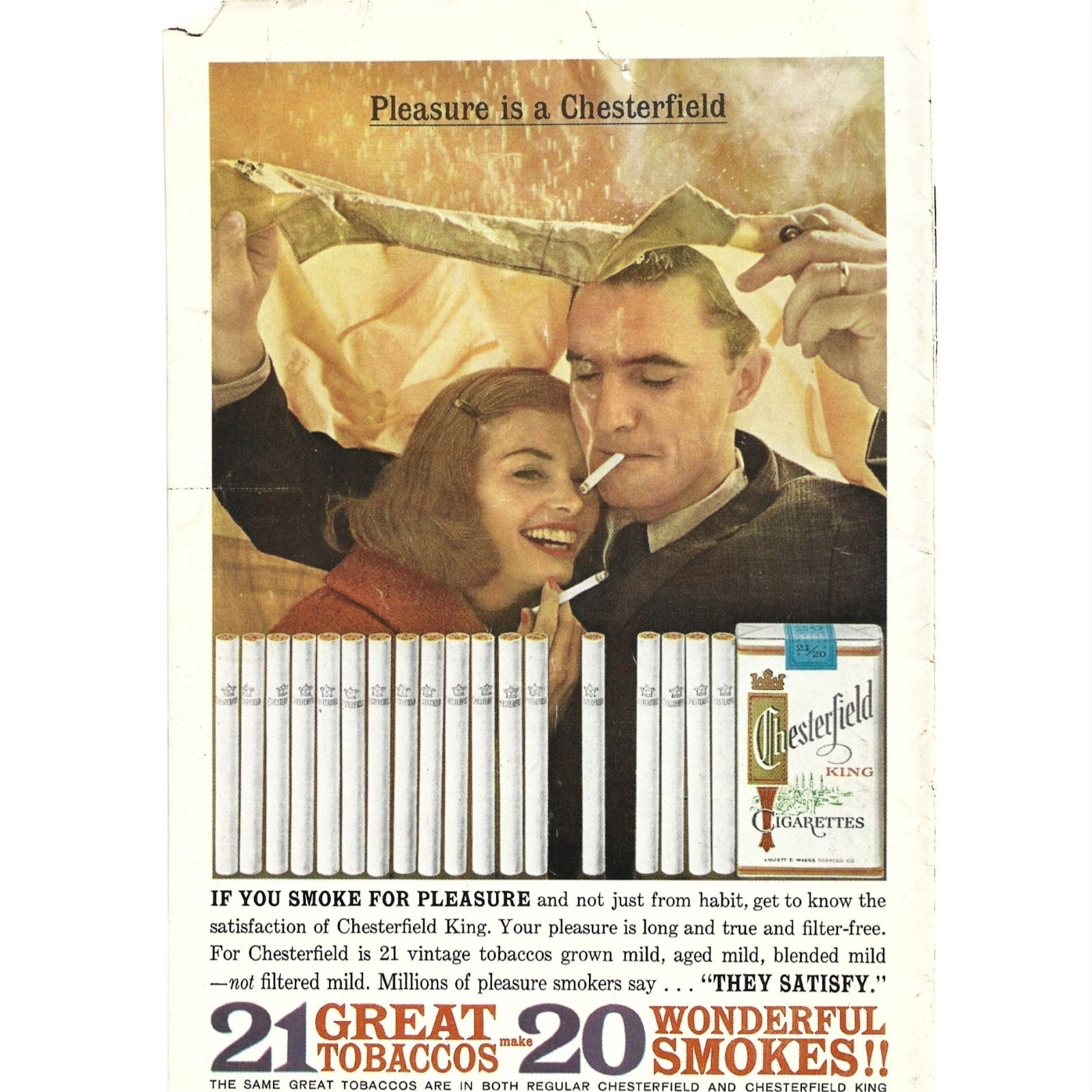 Chesterfield King Cigarettes AD 1960s Vintage Print Ad 9 inch Tall TEAR