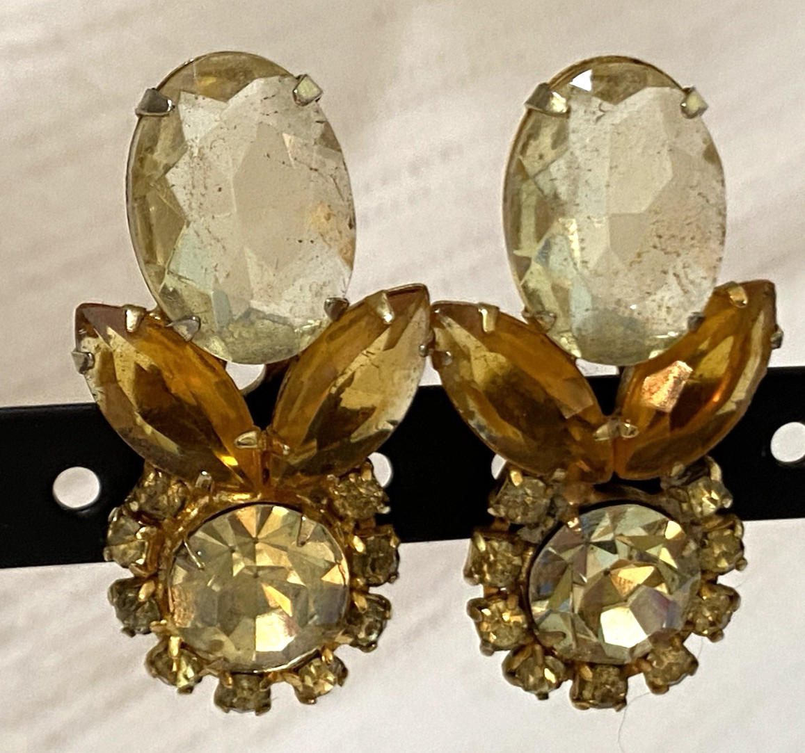 Vintage Amber/Orange And Clear Stones Earrings