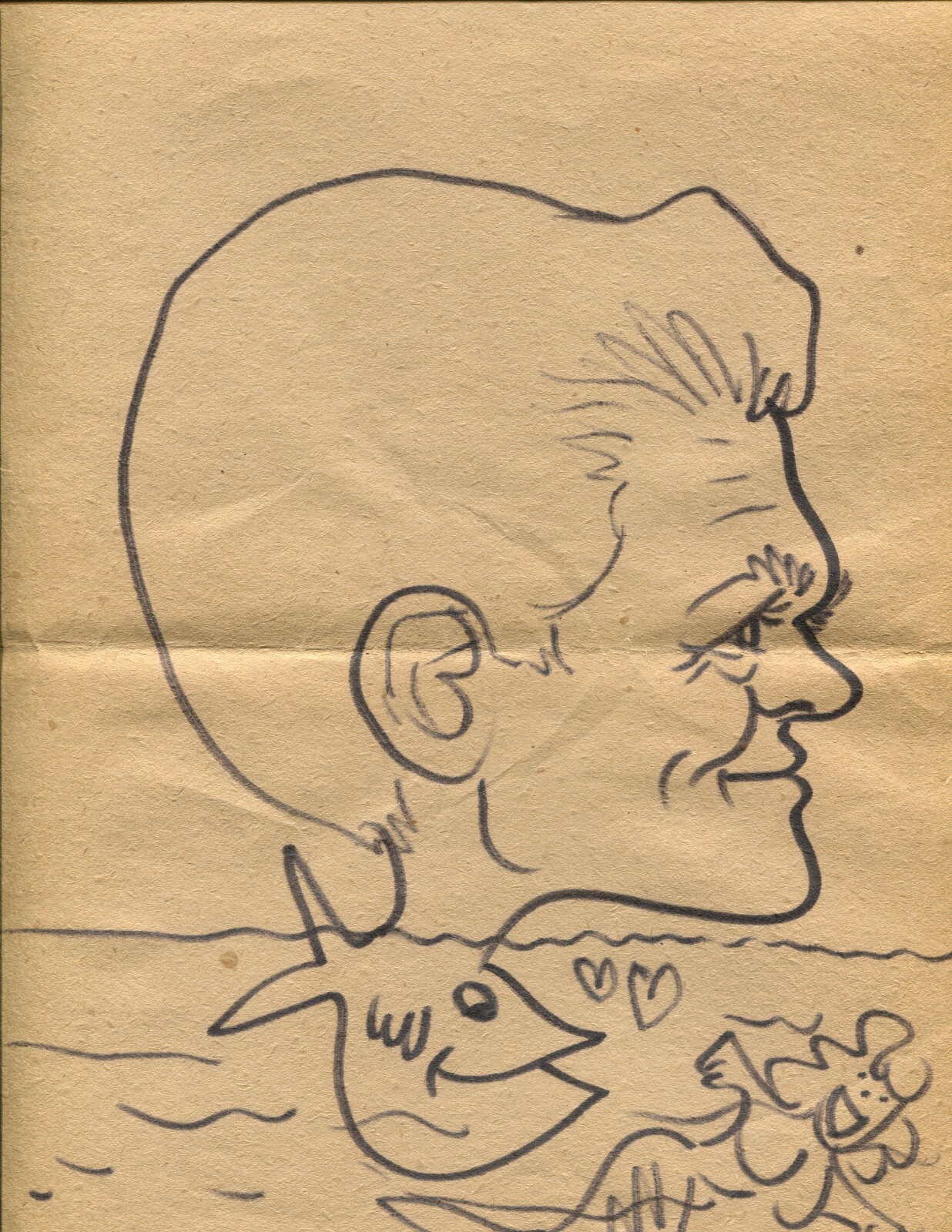 Mermaid and Man, Caricature Drawing from a 1960s Roadtrip 8-1/2 by 11 Inches