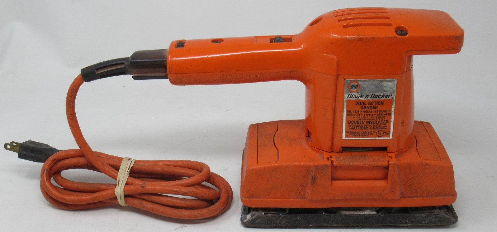 BLACK & DECKER DUAL ACTION SANDER #7436, CORDED FINISHING SANDER 120V 2.8A, VTG