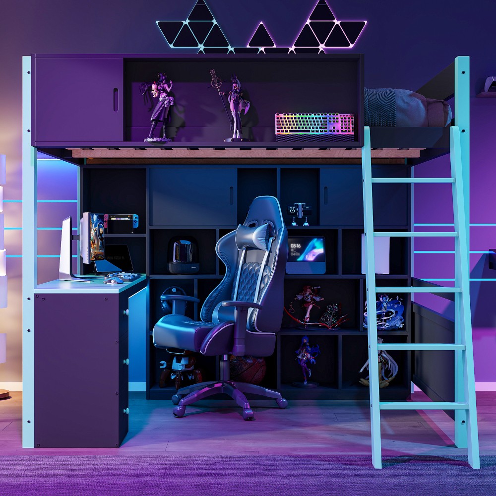Full Size Wood Loft Bed with Desk, Ample Storage Space and Light Blue Bed Frame