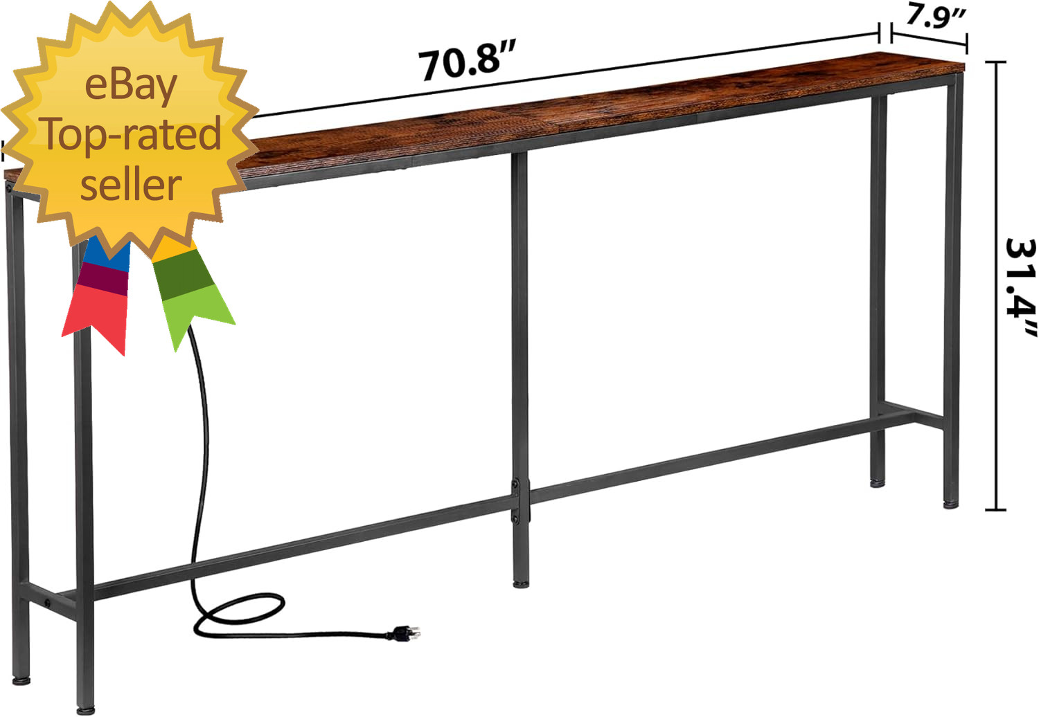 70.8 Inch Narrow Console Table with Power Outlet Industrial Long Sofa Table with