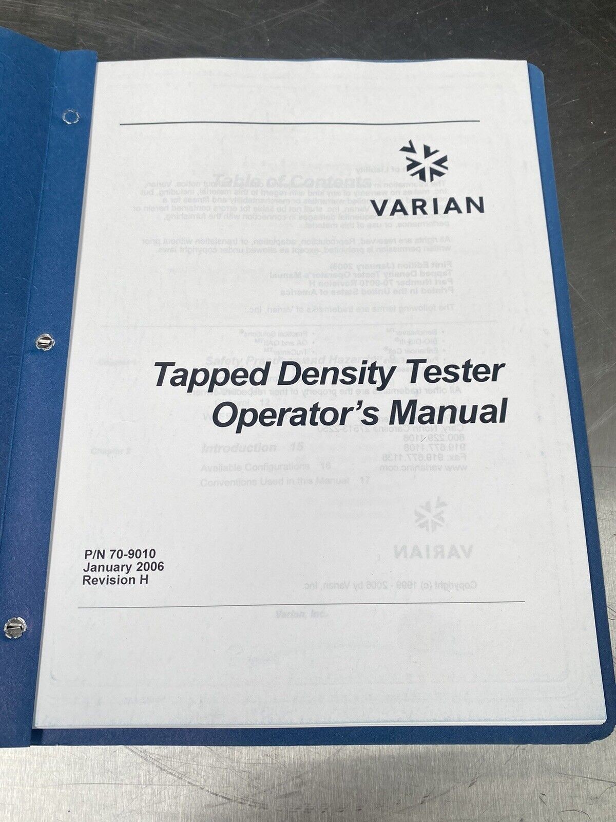 Varian Tapped Density Tester 2006 - Users Manual / Instructions Book