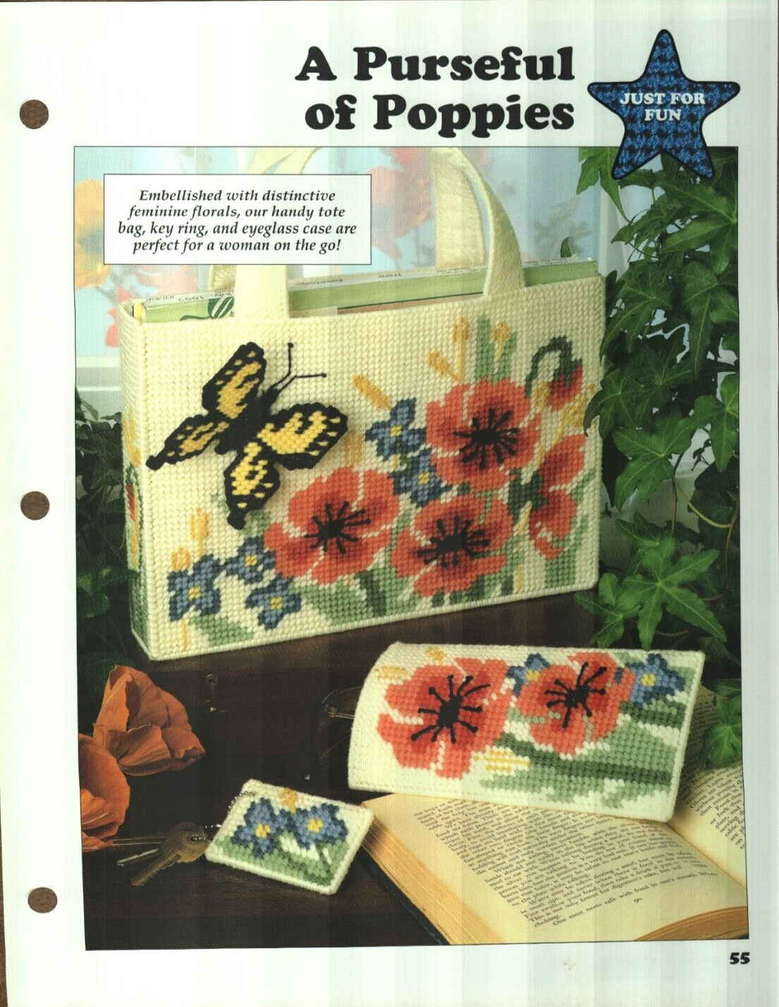 NEW A PURSEFUL OF POPPIES TOTE EYEGLASS CASE PLASTIC CANVAS PATTERN INSTRUCTIONS