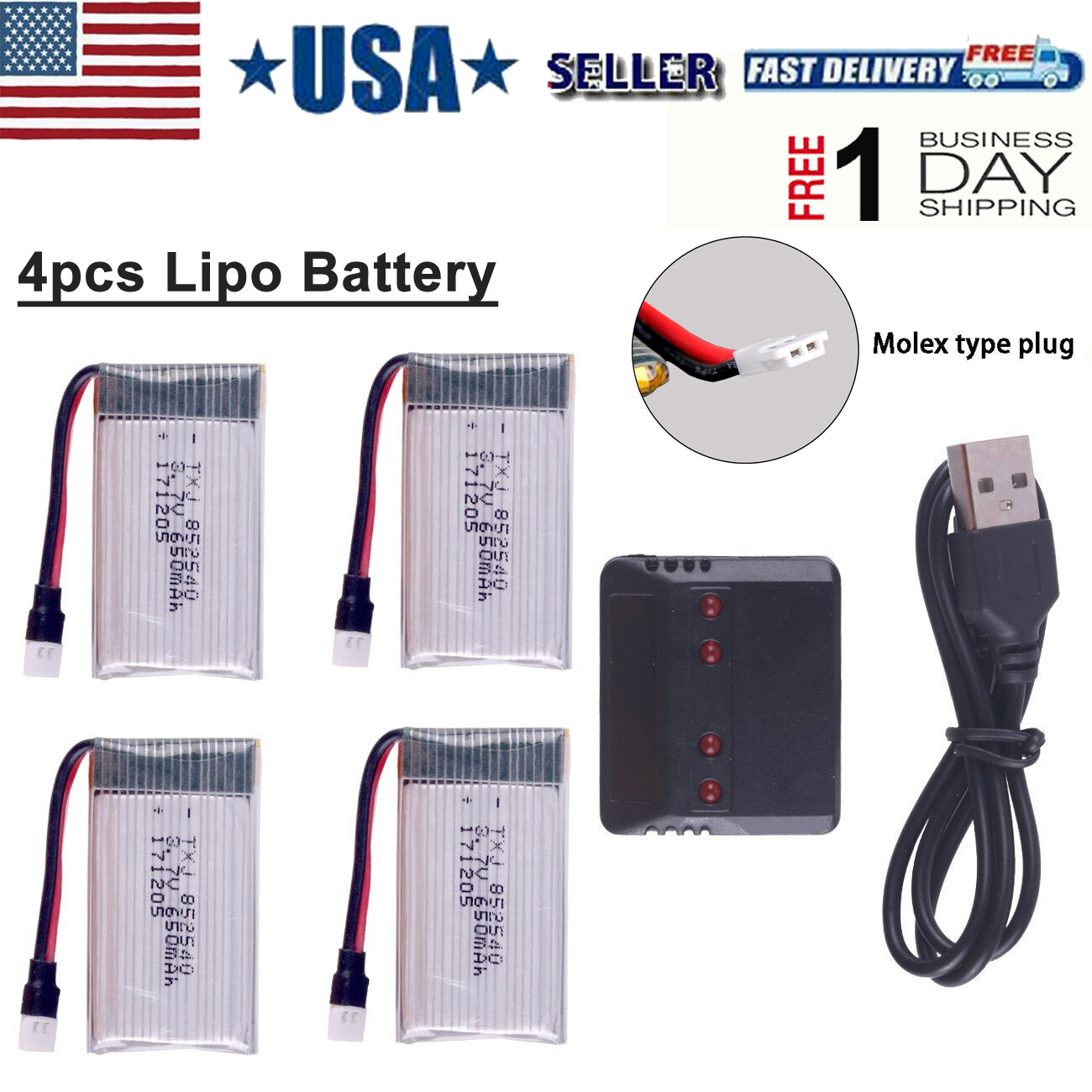 4pcs 650mAh  3.7V Lipo Battery With 4 in1 USB Charger for RC UAV Drone Vehicle