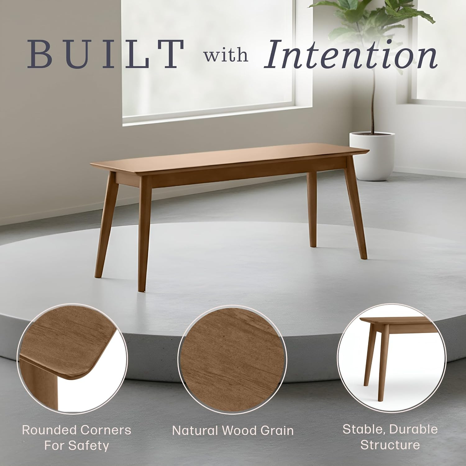 Solid Wood Dining Bench, Warm Pecan, 46” X 14” X 18”