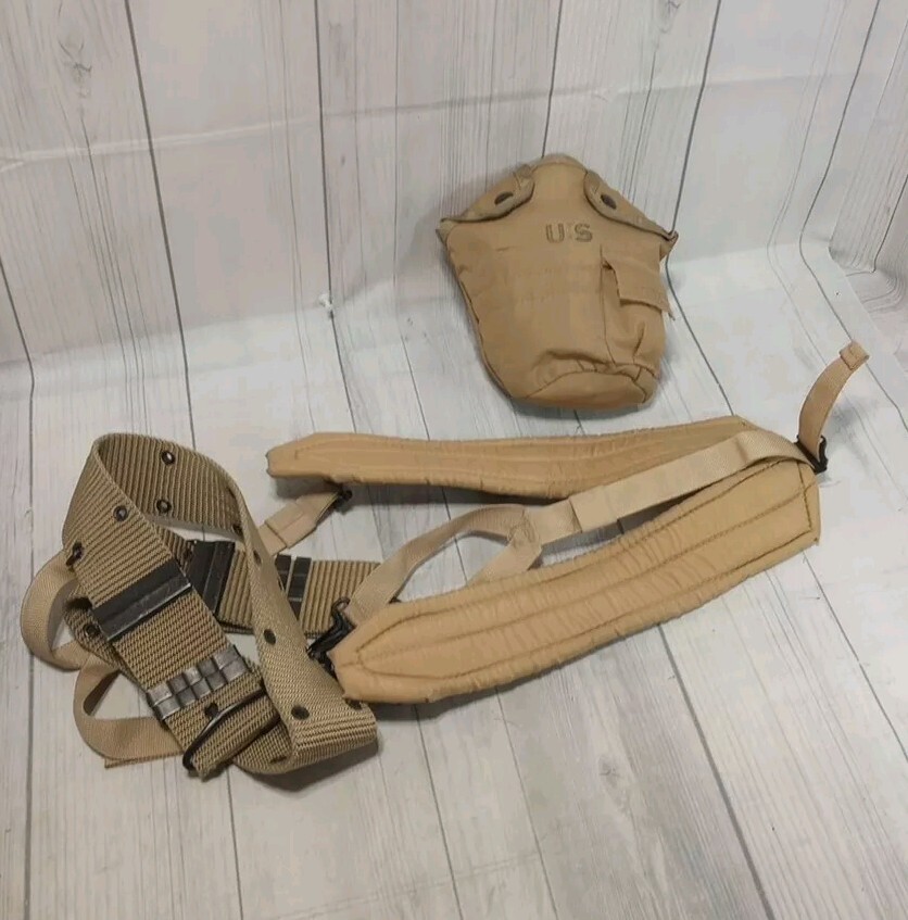 LC-1 Medium Pistol Belt & LC-1 Suspenders Y-type, Color Khaki w/ Canteen Pouch