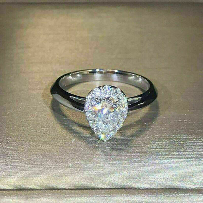 2.00 Ct Pear Simulated Diamond Halo Engagement Wedding Ring 14K White Gold Over