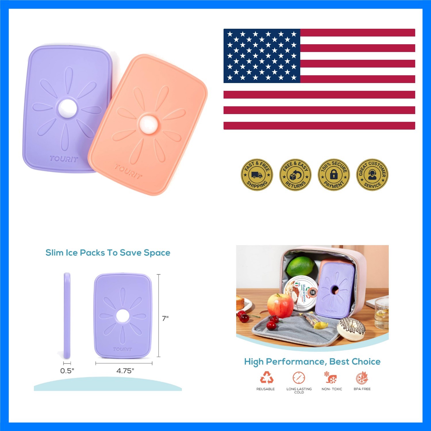 Ice Packs for Coolers Reusable Long Lasting Freezer Packs for Lunch Bags/Boxe...