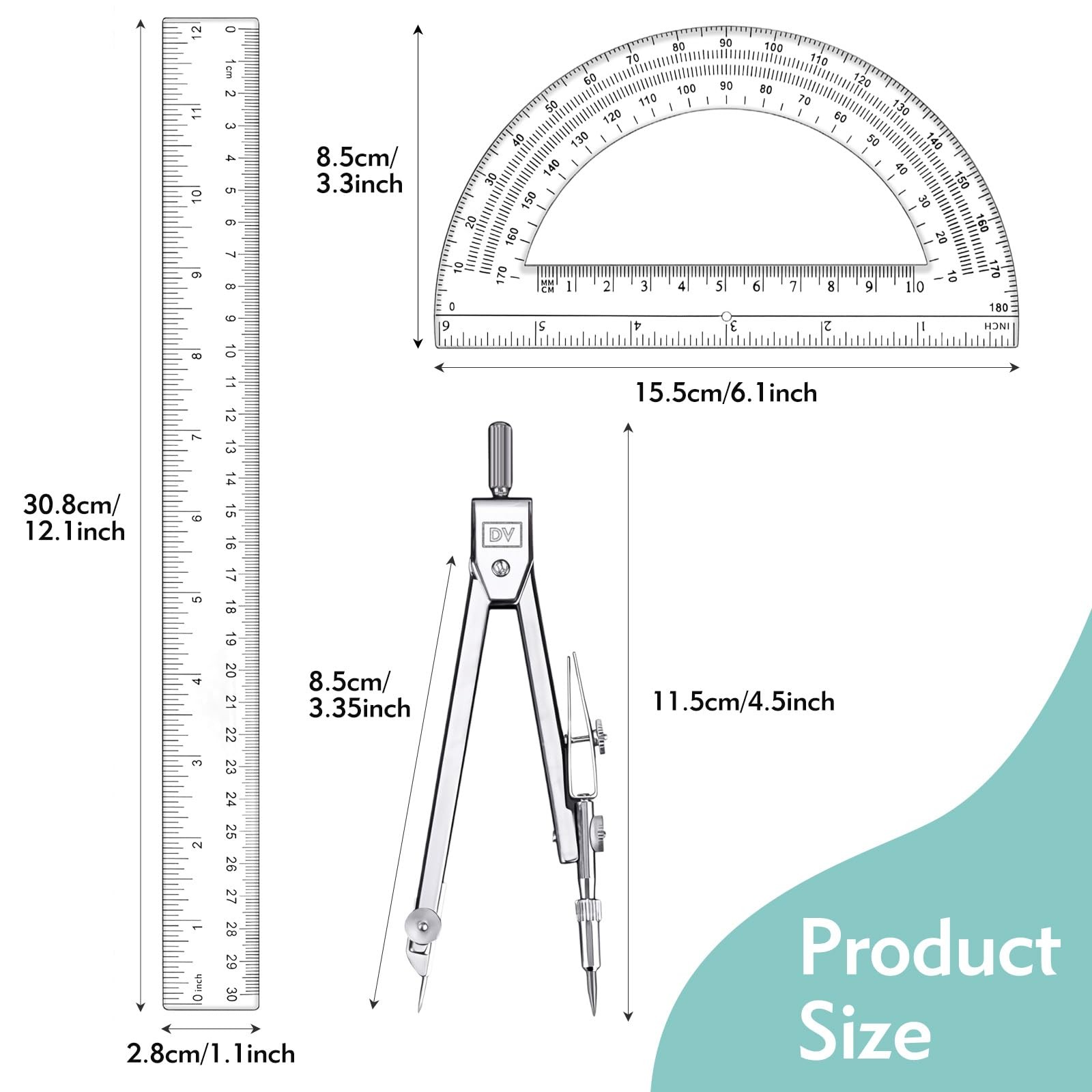 3 PCS Geometry Set 12 Inch Ruler Clear Protractor Compass Drawing Measuring