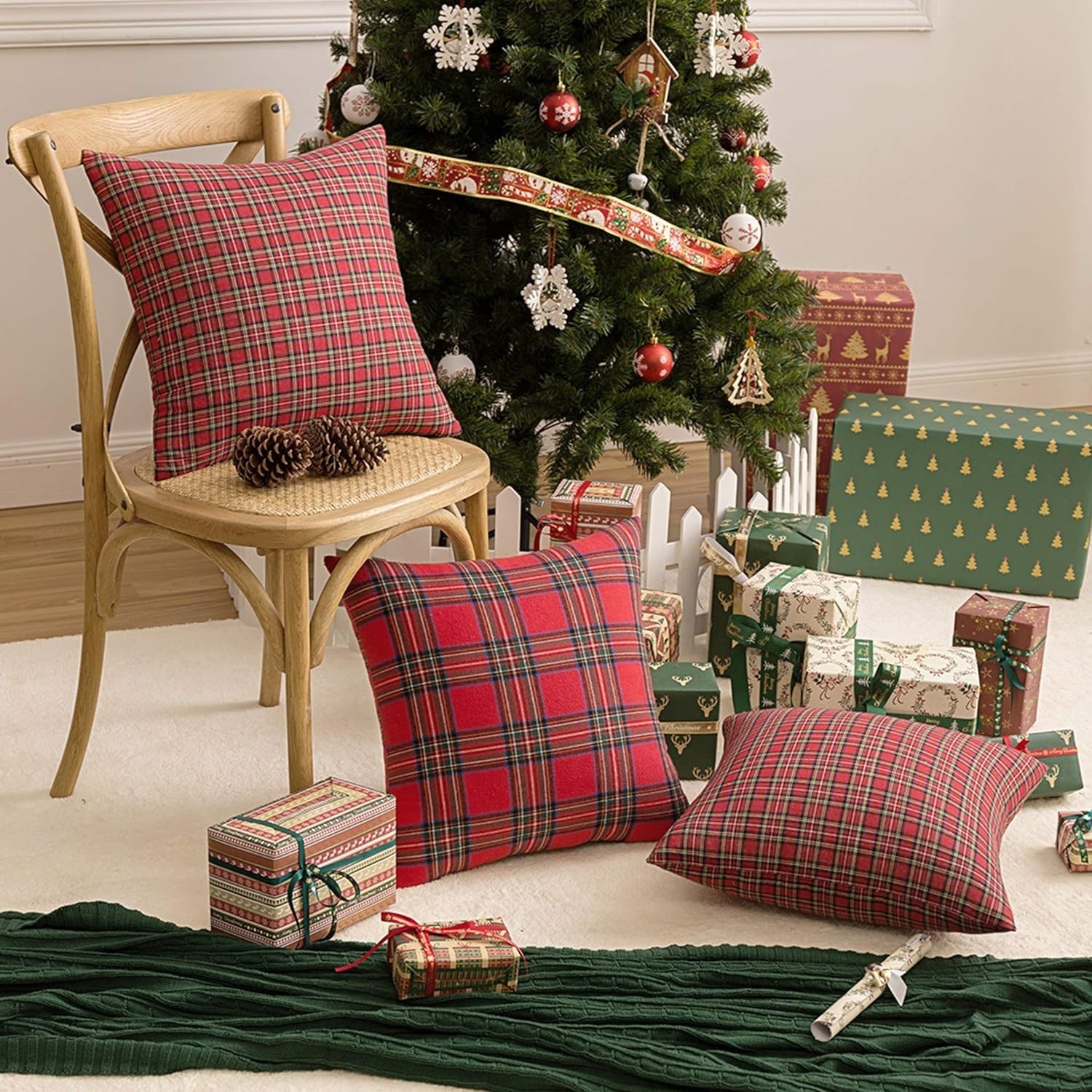 Christmas Plaid Pillow Covers Set of 2 20x20 Inches Red Green Tartan Decor