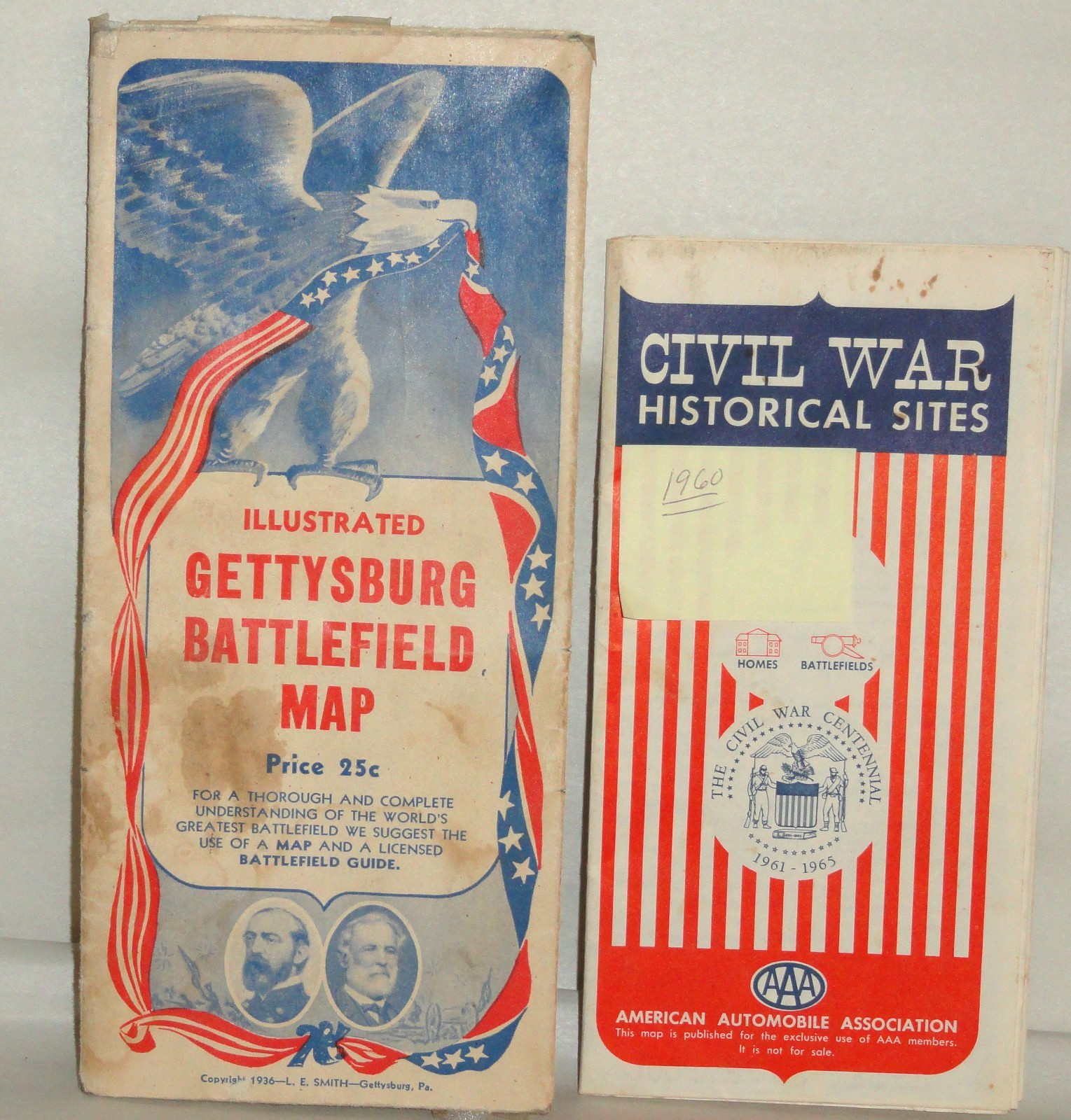 2 Civil War Maps ~ 1936 Gettysburg Battlefield Map ~ 1960 Civil War Historical