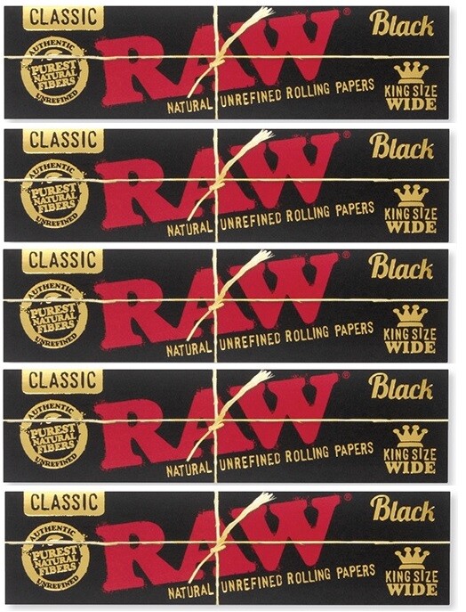 BUY 5 PACKS of RAW BLACK CLASSIC KING SIZE "WIDE" Rolling Papers- 33 leaves pack