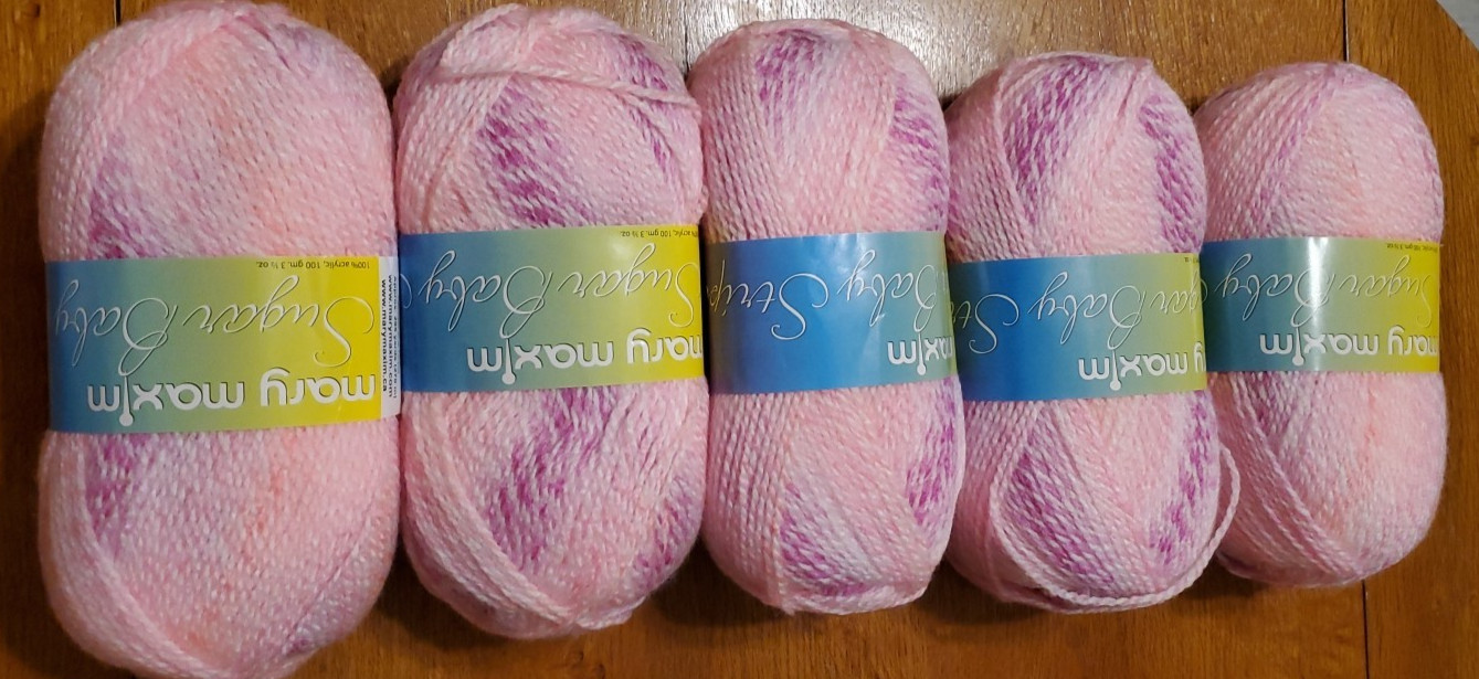Discontinued Mary Maxim Sugar Baby Stripes Yarn, 5 Skeins, Pink Fizz, 924-7293