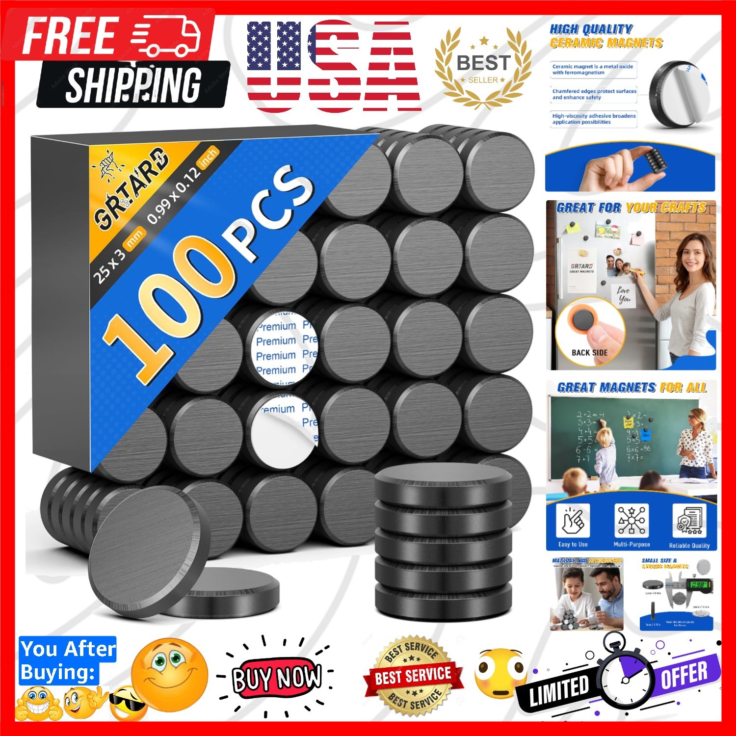100Pcs Ceramic Magnets for Crafts, 0.98‘’ x 0.12'' Round Disc Magnets with Ad...