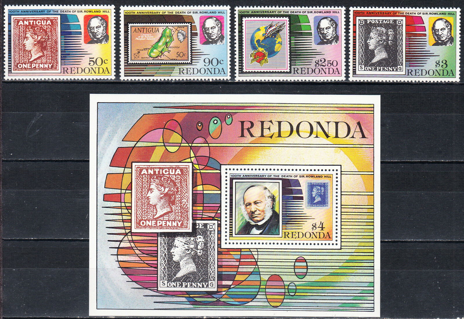 W ANTIGUA REDONDA 528-532 R ROWLAND HILL DEATH ANNIVERSARY SET SOUVENIR SHEET