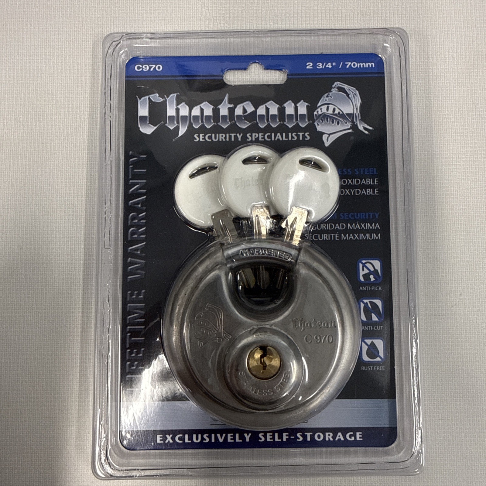Chateau C970 Round Disc Heavy Duty Stainless Steel Padlock w/ 3 Keys - New