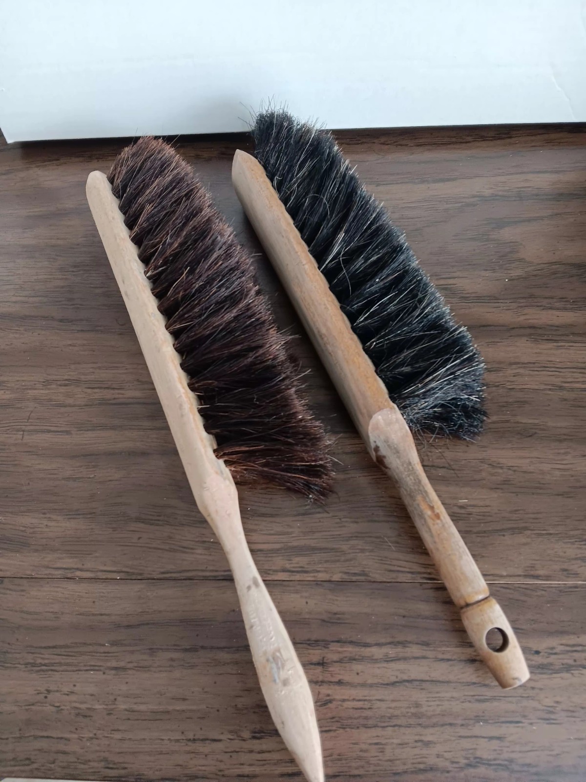 2 VTG HAND BRUSHES SHOP WOODEN HORSEHAIR 13" & 14" DUST CRUMBS CARPENTER