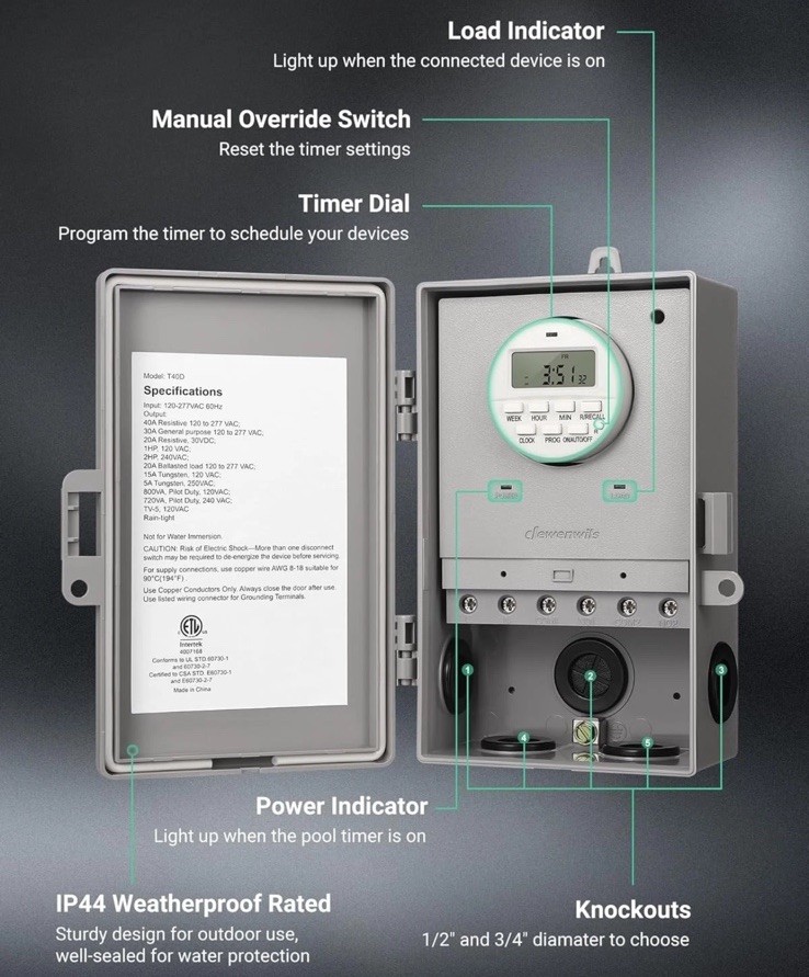 DEWENWILS Pool Pump Timer, Digital Timer Box, 2HP 40A 120-277 VAC, 7-Day Gray