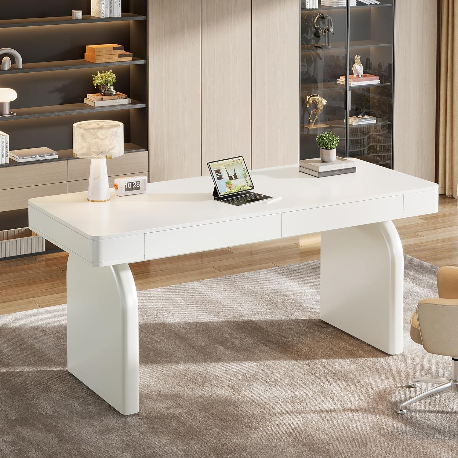 63-Inch Modern Executive Office Desk with Drawers White Study Desk Writing Table