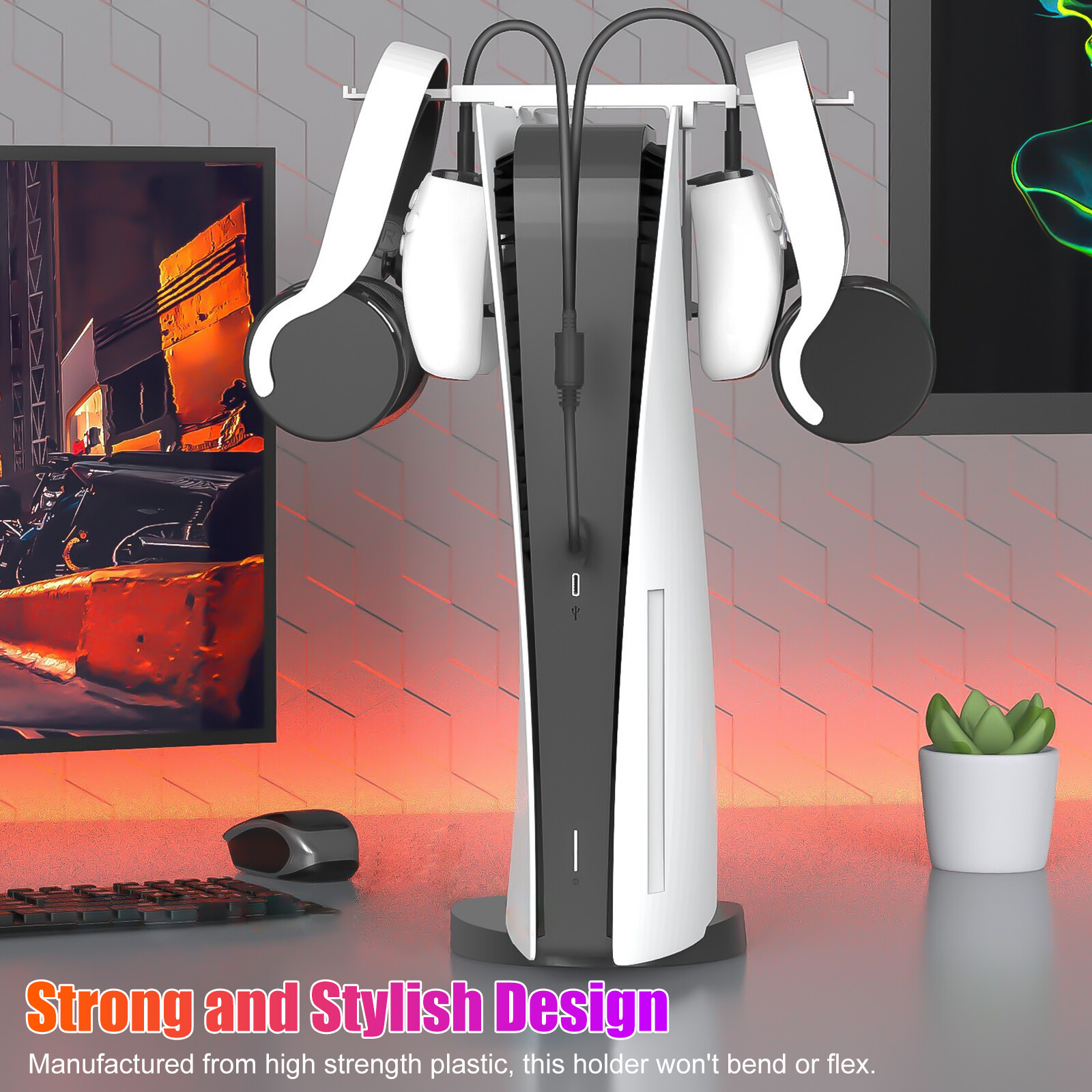 2in1 Gaming Headset Hanger for PSVR2 PS5 Controller Accessories w/Charging Cable