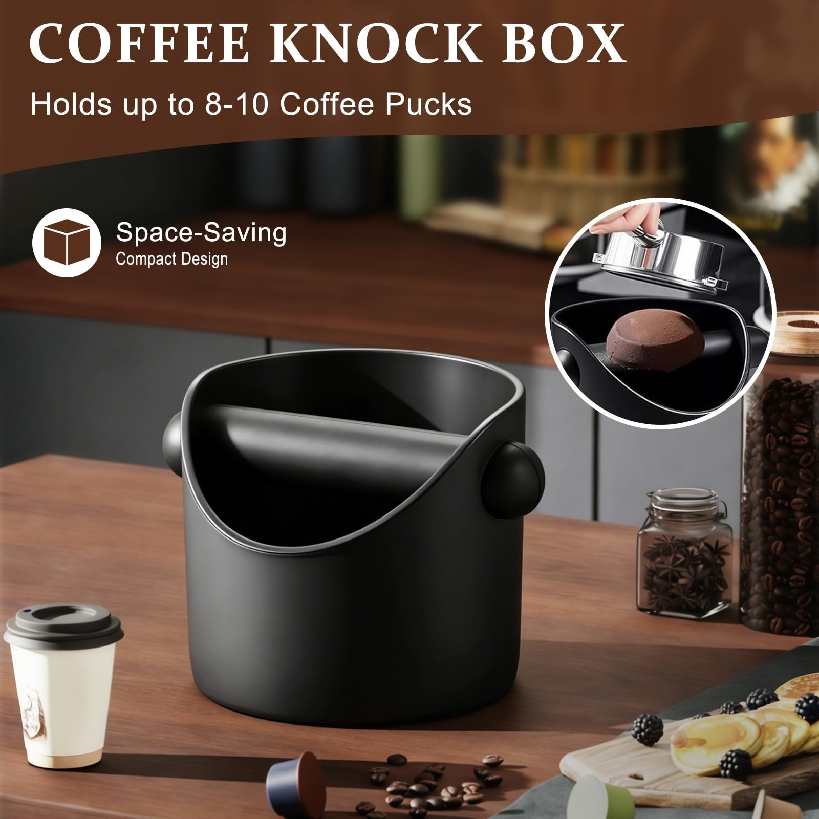 Black 4.3 Inch Small Espresso Knock Box Coffee Grounds Bin Removable Bar