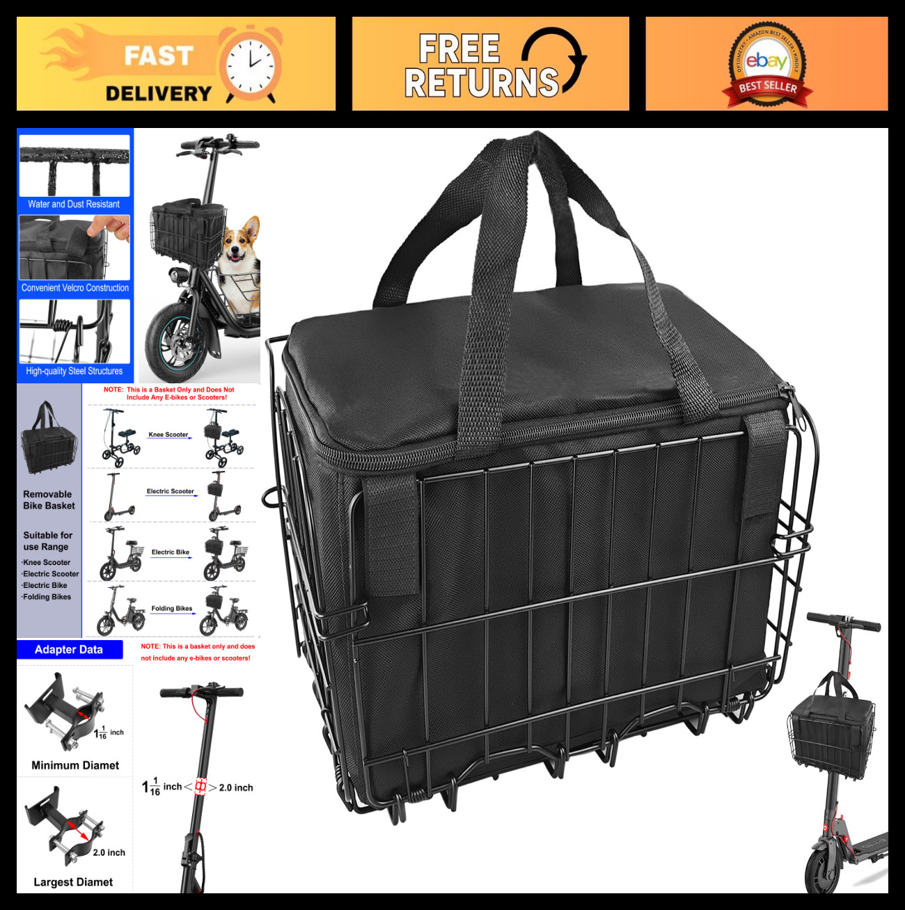 Knee Scooter Basket Accessory - Quick Release Removable Cloth for Most Models