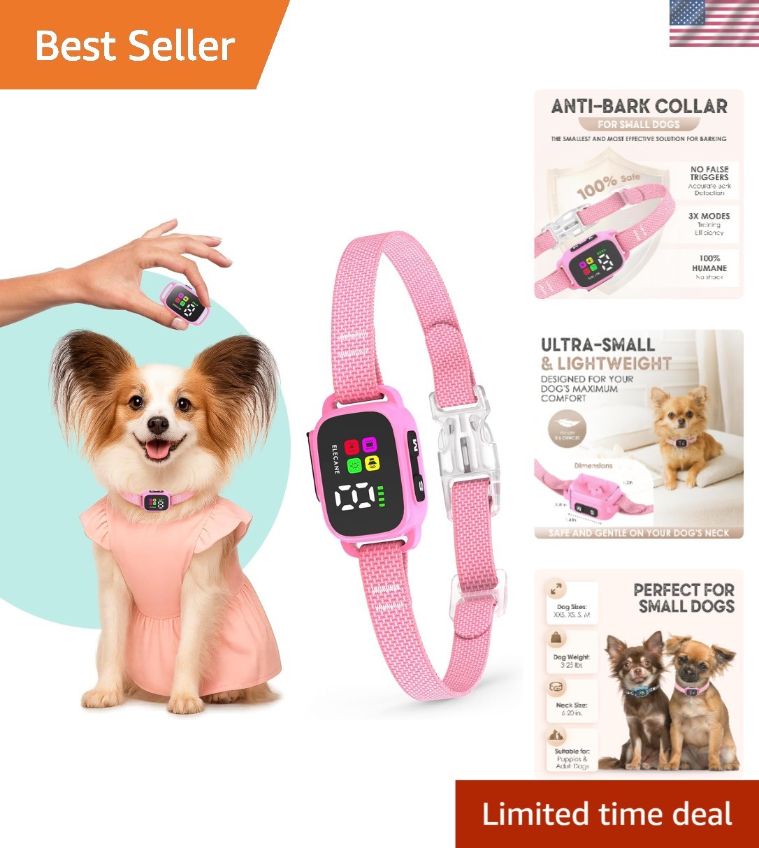Humane Anti Bark Collar for Small Dogs 5-15 lbs - 7 Sensitivity Levels Available