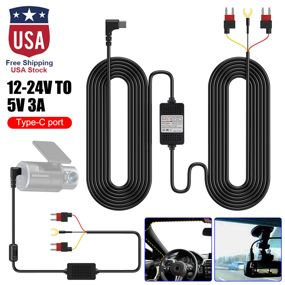 Universal Dash Cam Hardwire Kit USB Hard Wire Cable Fuse 12-24V to 5V DVR USA