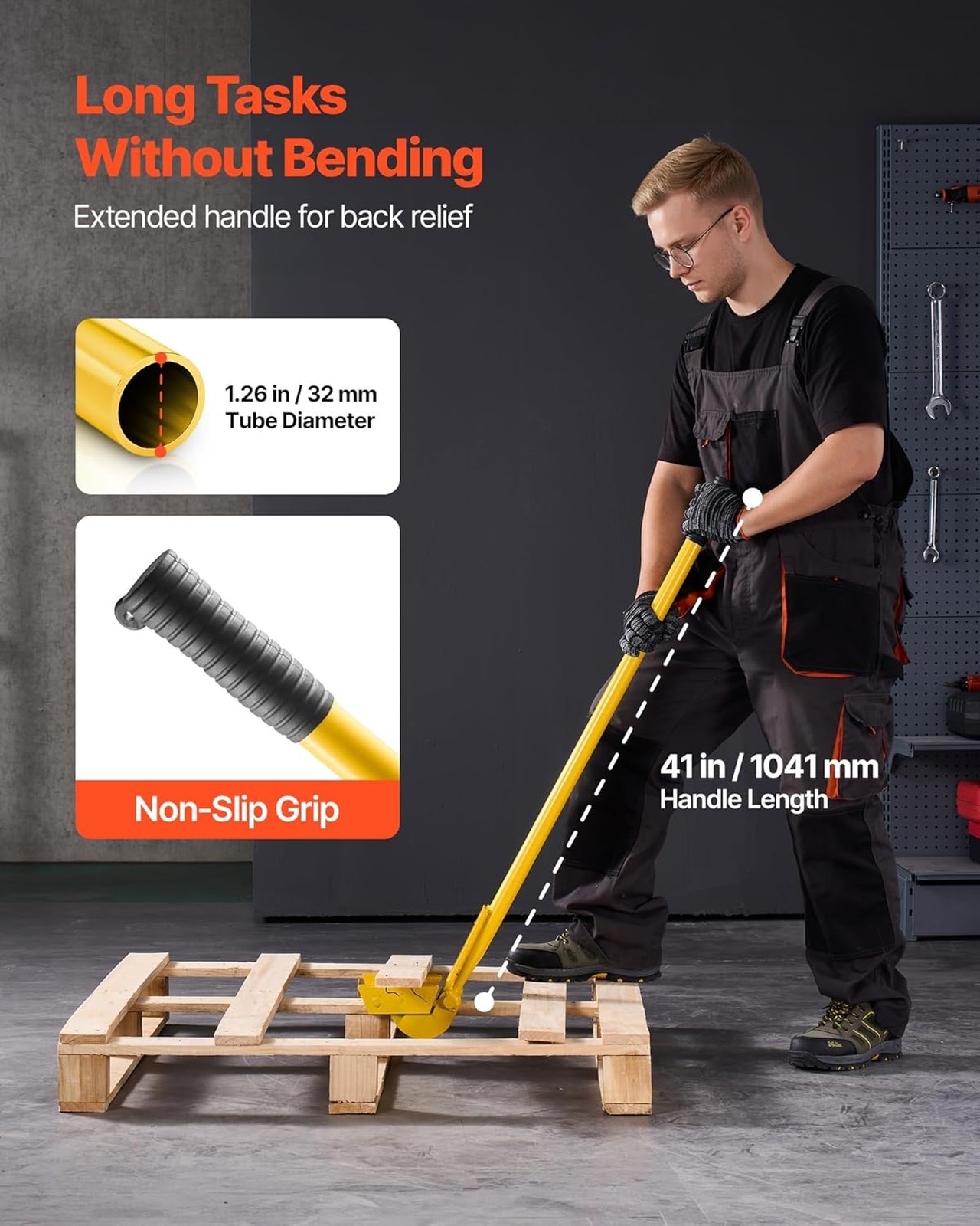Pallet Buster Tool with Carbon Steel Handle, Heavy Duty Wrecking Pry Bar for