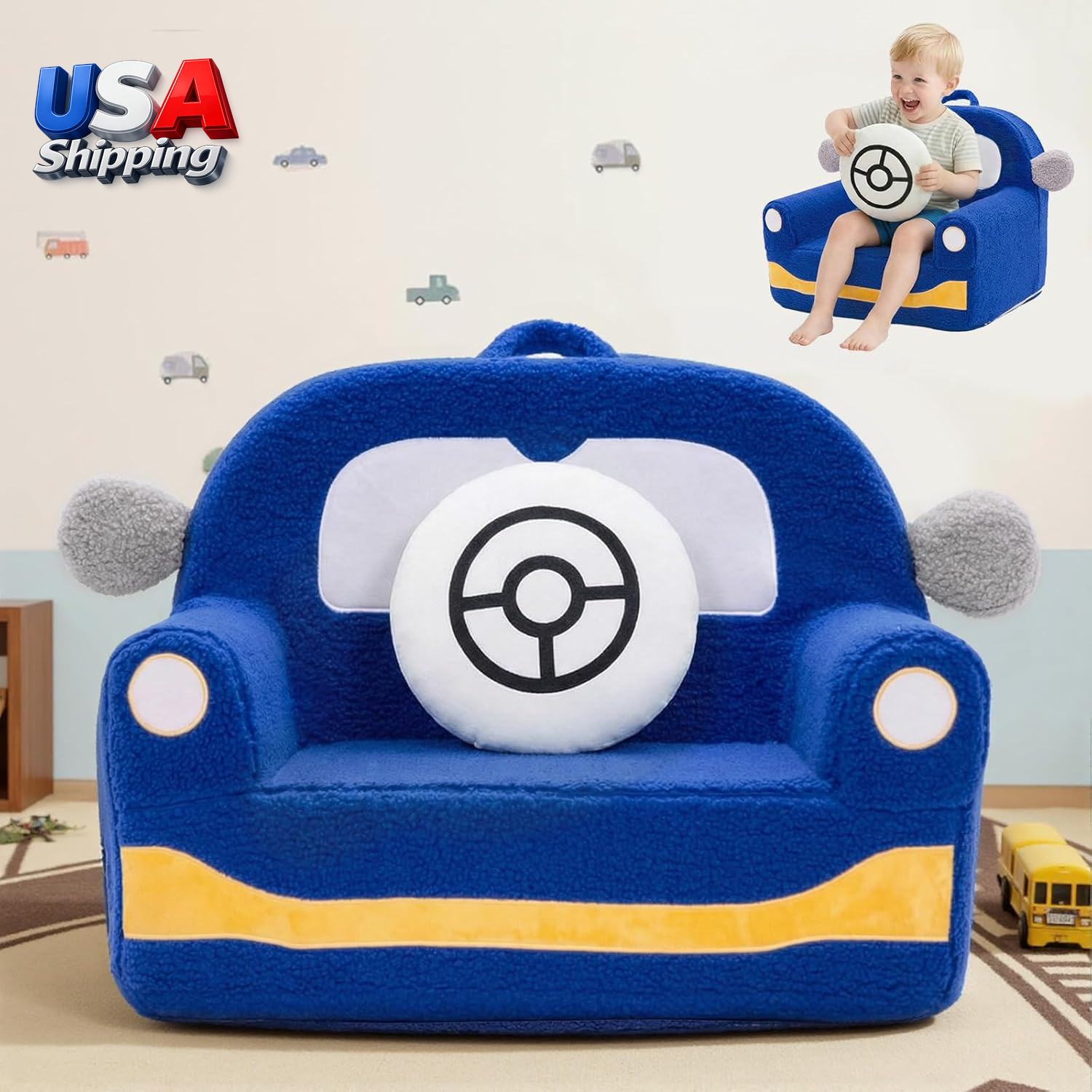 Toddler Chair 1–3 Years Old, Kids Chair Comfy Car Sofa with Cushion Handle & Boo
