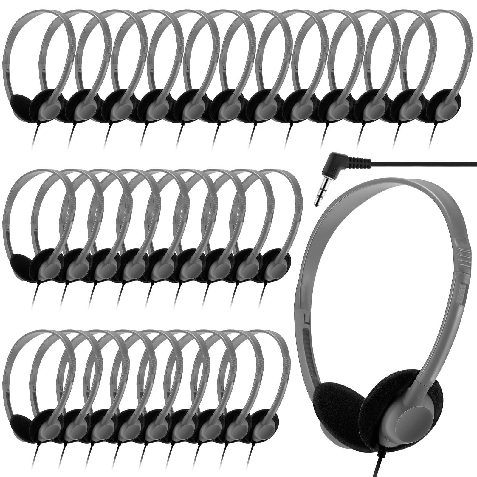 30 PCS Grey Bulk Over Ear Headphones Adjustable Headband 3.5mm Jack Classroom