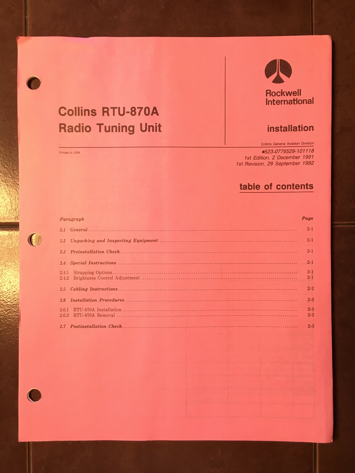 Rockwell Collins RTU-870A Radio Tuning Unit install manual