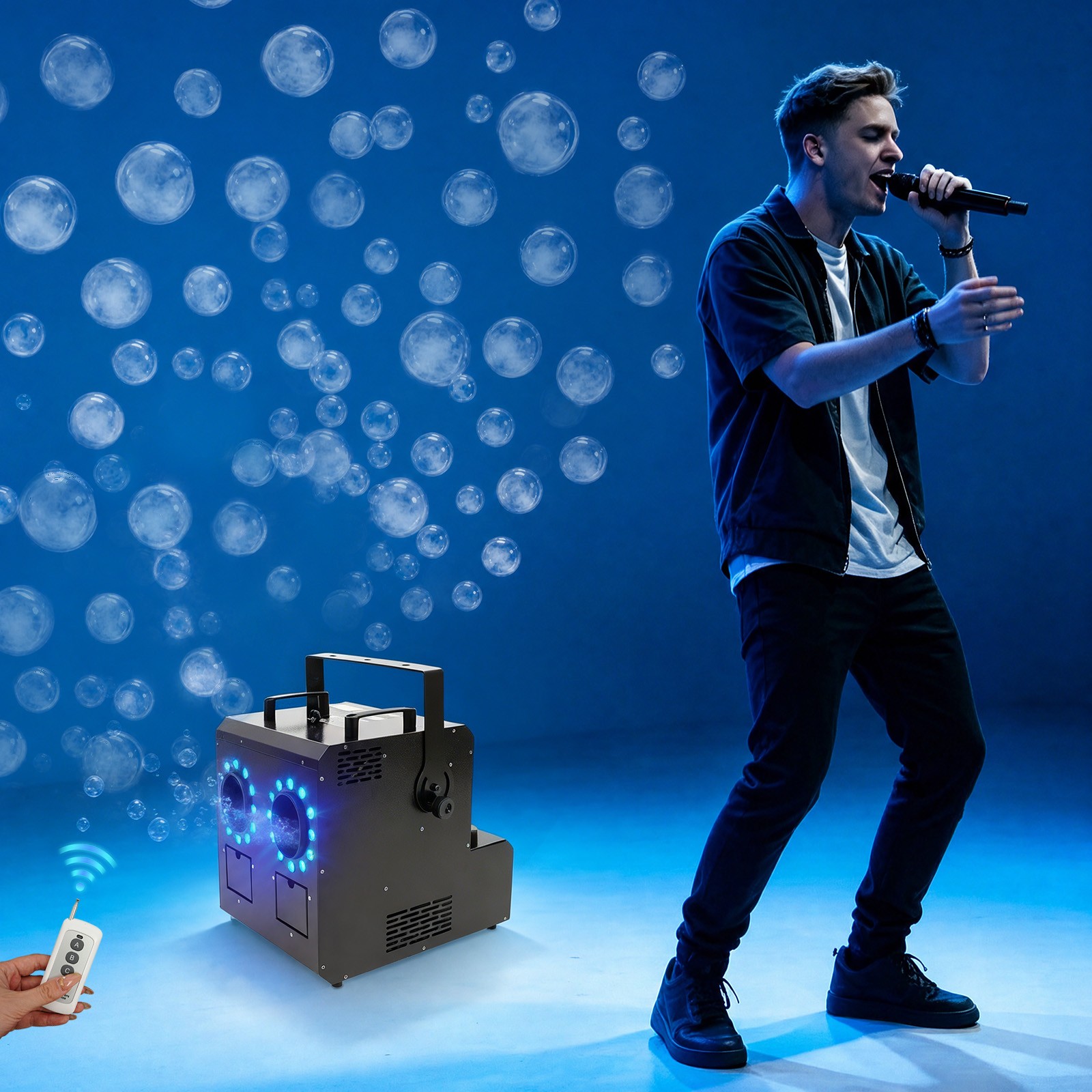 Smoke Fog Bubble Machine RGB LED Light Stage effect DJ Fogger Machine DMX Remote
