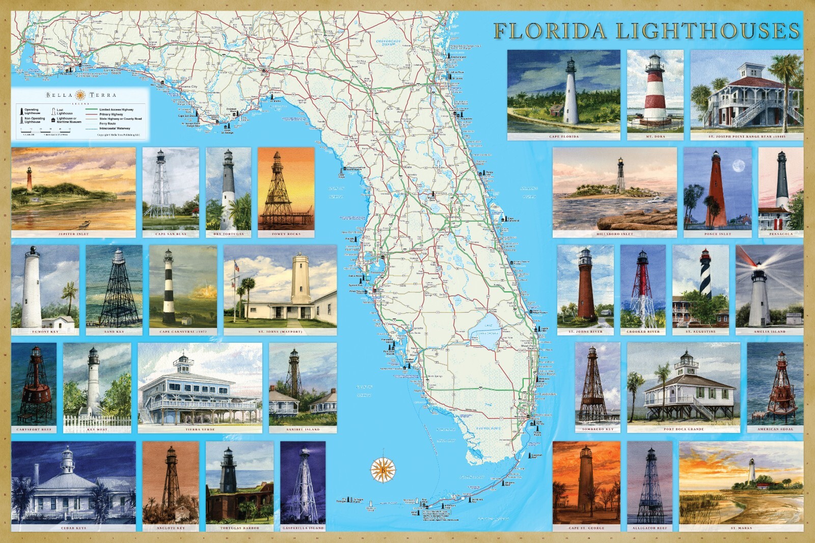 Florida Lighthouses Illustrated Map Laminated Poster 24x36 No Glare
