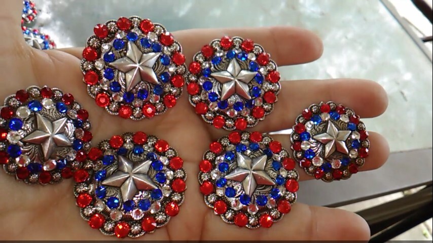 6 pc crystal bling saddle concho set star red, white, n blue crystals