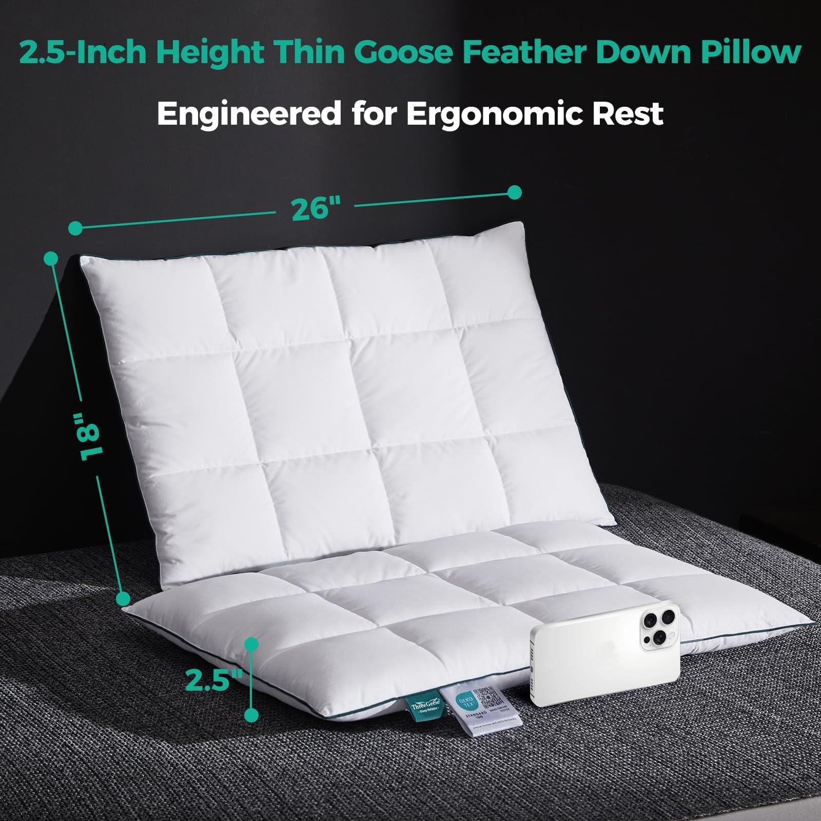 Three Geese Ultra Thin Flat Goose Down Feather Pillows Sleeping Standard Size