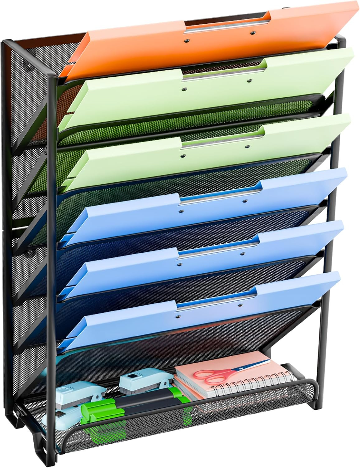 Wall File Organizer, Mesh 7-Tier Vertical Hanging File Holder, Desktop Metal Fil